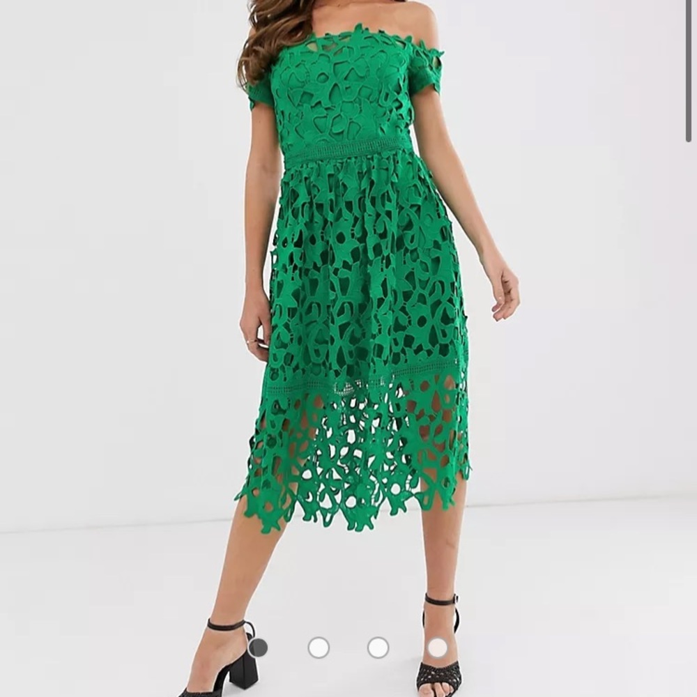 NWT Chi Chi London green off shoulder Lizana Roma lace midi dress